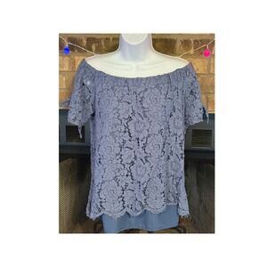 Miss Chievous Womens Blue Lace Off The Shoulder Top Short Sleeve Blouse Large